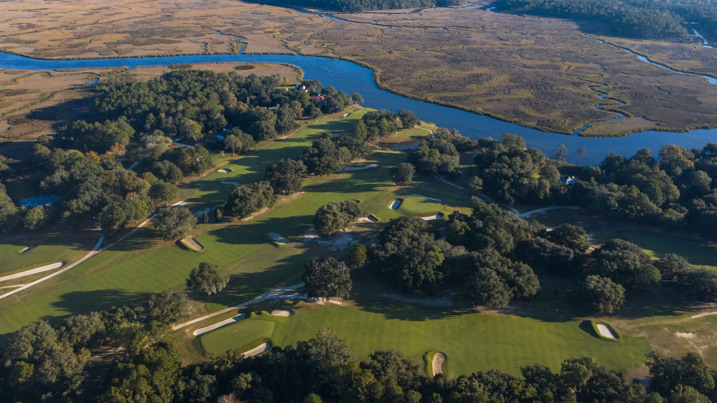 Aerial view of Yeamans Hall and Lowcountry marshland